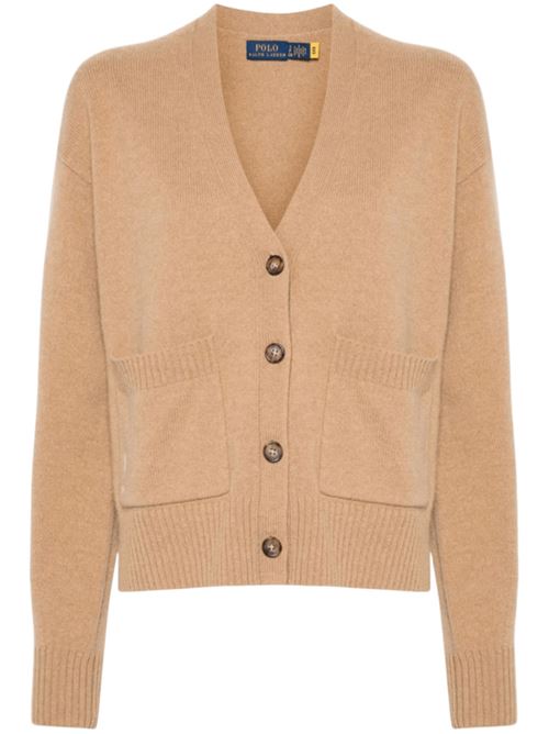Cardigan da donna in misto lana, scollo a V, tasche applicate, colore camel POLO RALPH LAUREN | 211914536008